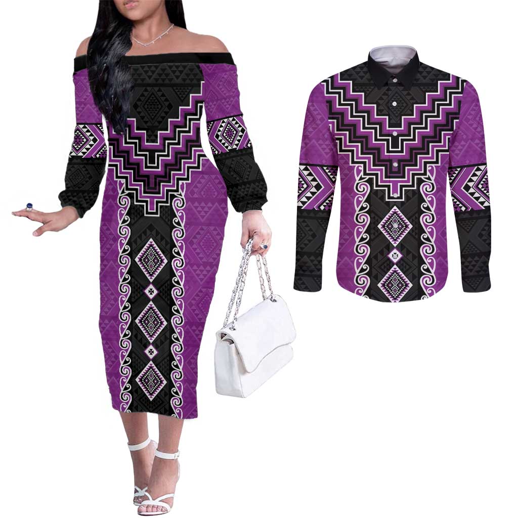 Purple Niho Taniwha Mix Poutama Couples Matching Off The Shoulder Long Sleeve Dress and Long Sleeve Button Shirt Unique Taniko Aotearoa LT01 Purple - Polynesian Pride