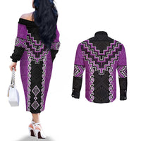 Purple Niho Taniwha Mix Poutama Couples Matching Off The Shoulder Long Sleeve Dress and Long Sleeve Button Shirt Unique Taniko Aotearoa LT01 - Polynesian Pride
