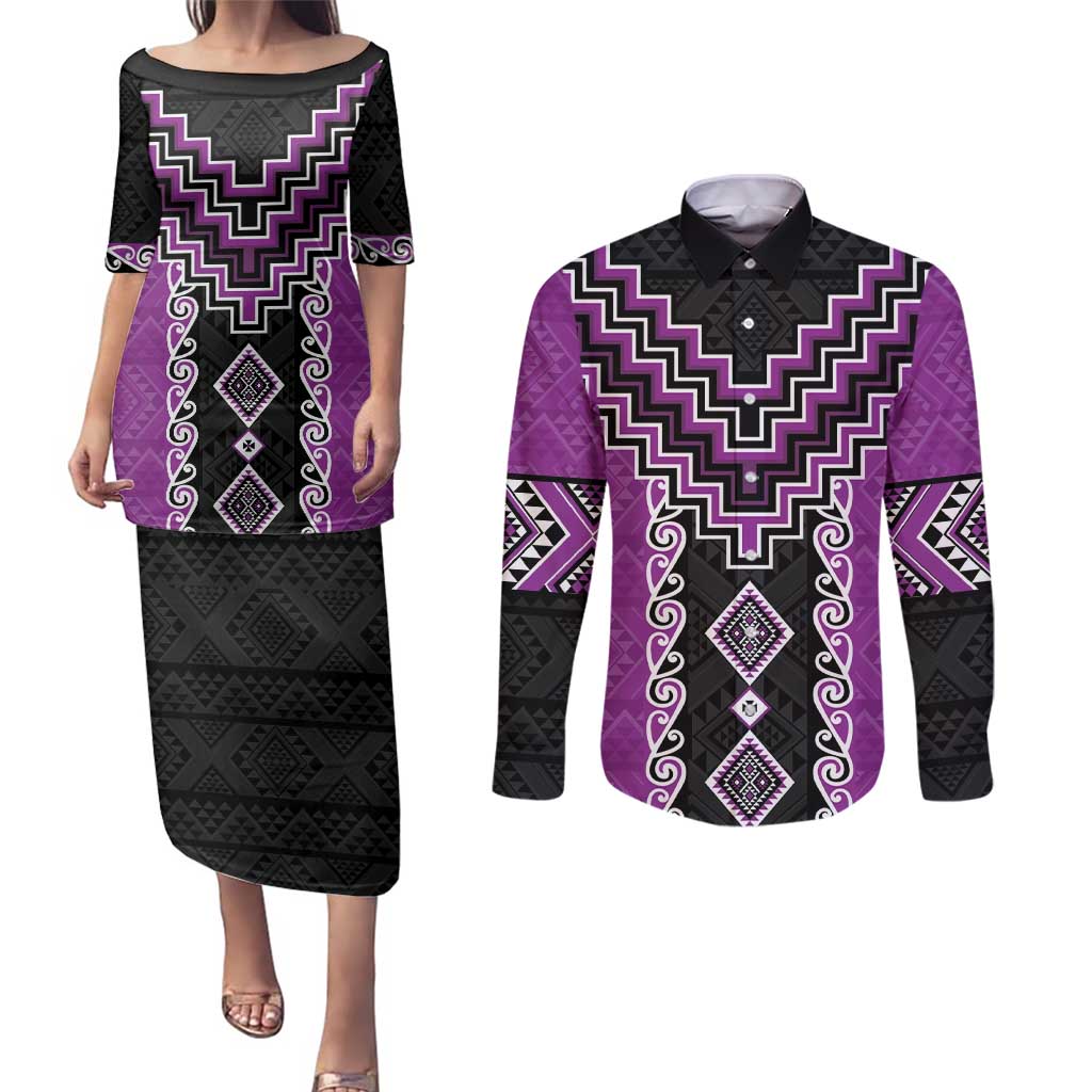 Purple Niho Taniwha Mix Poutama Couples Matching Puletasi and Long Sleeve Button Shirt Unique Taniko Aotearoa LT01 Purple - Polynesian Pride