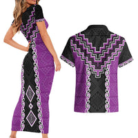 Purple Niho Taniwha Mix Poutama Couples Matching Short Sleeve Bodycon Dress and Hawaiian Shirt Unique Taniko Aotearoa LT01 - Polynesian Pride