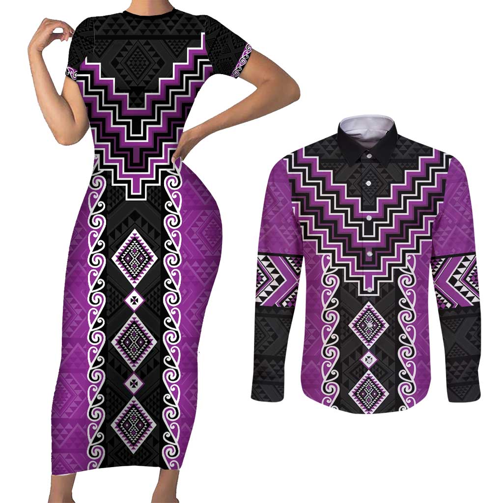 Purple Niho Taniwha Mix Poutama Couples Matching Short Sleeve Bodycon Dress and Long Sleeve Button Shirt Unique Taniko Aotearoa LT01 Purple - Polynesian Pride