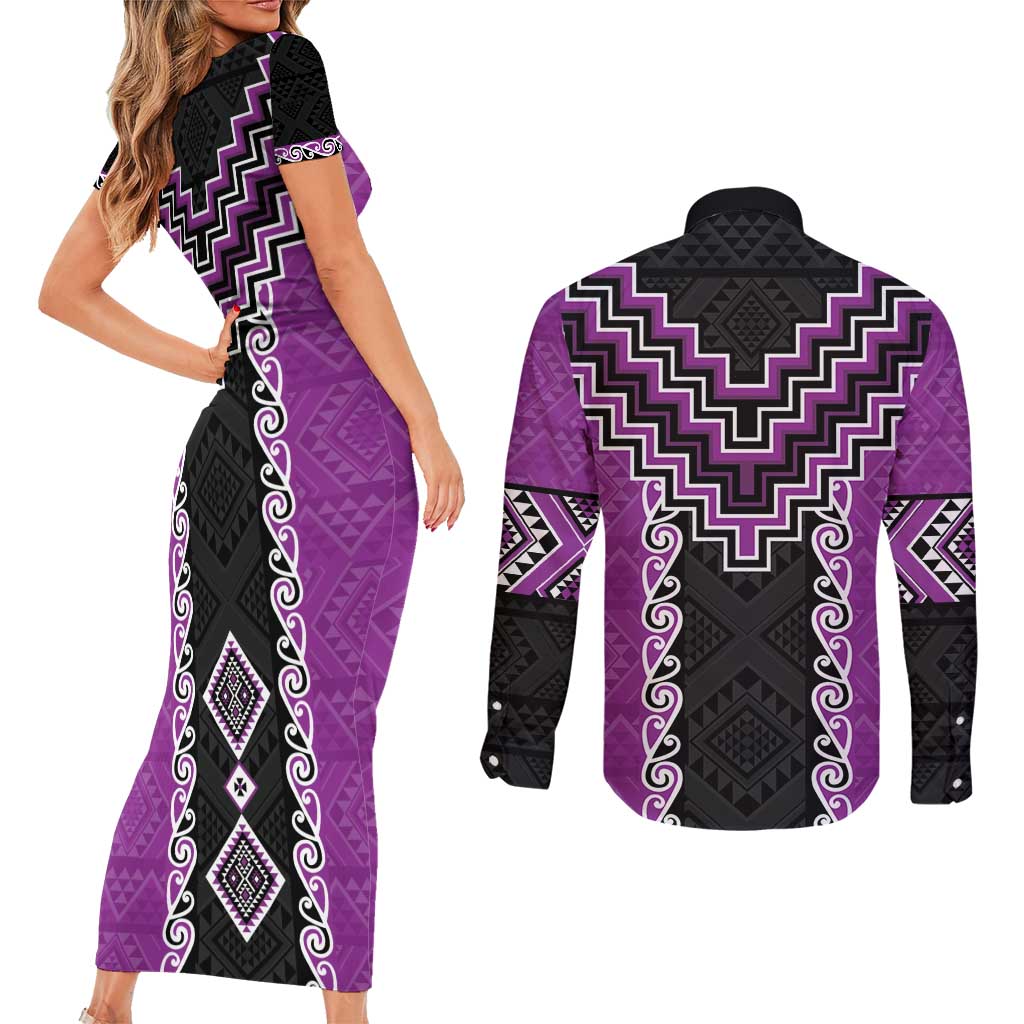 Purple Niho Taniwha Mix Poutama Couples Matching Short Sleeve Bodycon Dress and Long Sleeve Button Shirt Unique Taniko Aotearoa LT01 - Polynesian Pride