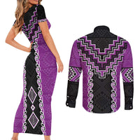 Purple Niho Taniwha Mix Poutama Couples Matching Short Sleeve Bodycon Dress and Long Sleeve Button Shirt Unique Taniko Aotearoa LT01 - Polynesian Pride