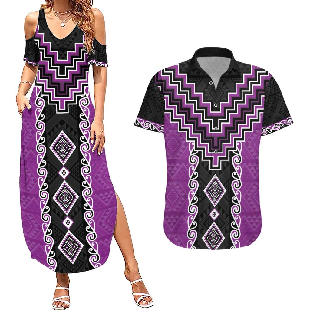 Purple Niho Taniwha Mix Poutama Couples Matching Summer Maxi Dress and Hawaiian Shirt Unique Taniko Aotearoa LT01 Purple - Polynesian Pride