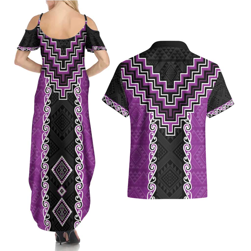 Purple Niho Taniwha Mix Poutama Couples Matching Summer Maxi Dress and Hawaiian Shirt Unique Taniko Aotearoa LT01 - Polynesian Pride
