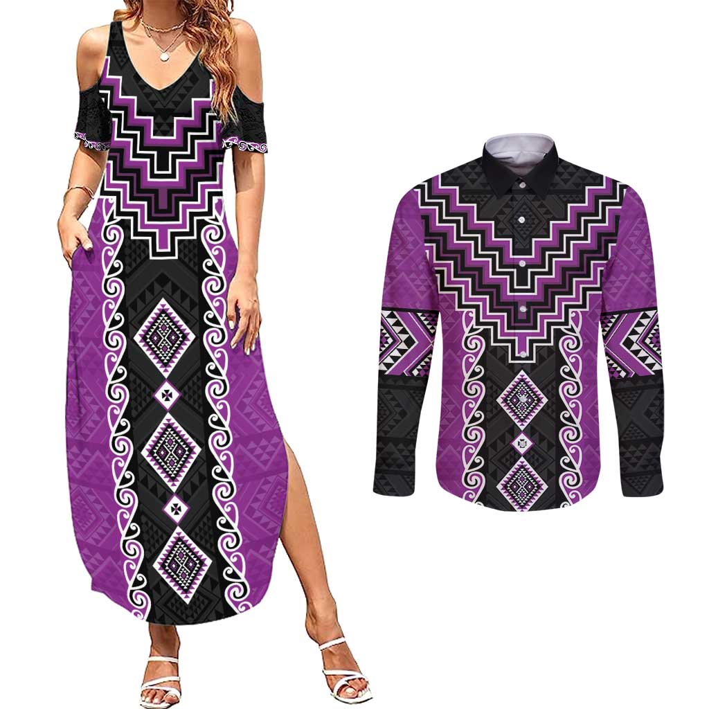 Purple Niho Taniwha Mix Poutama Couples Matching Summer Maxi Dress and Long Sleeve Button Shirt Unique Taniko Aotearoa LT01 Purple - Polynesian Pride