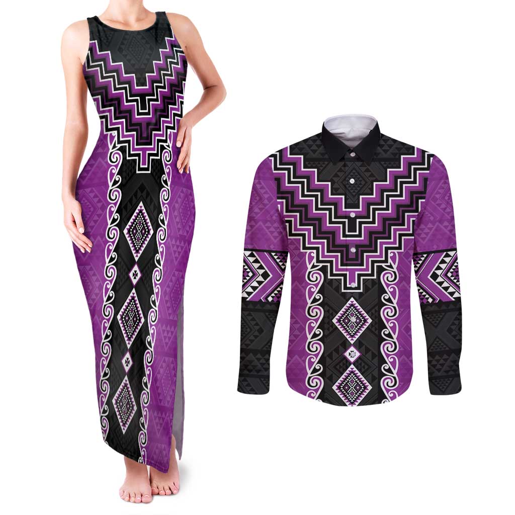 Purple Niho Taniwha Mix Poutama Couples Matching Tank Maxi Dress and Long Sleeve Button Shirt Unique Taniko Aotearoa LT01 Purple - Polynesian Pride