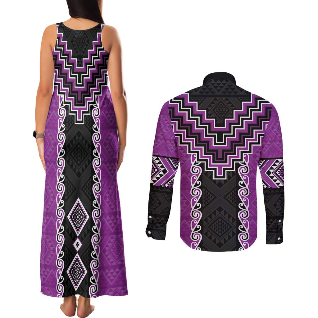 Purple Niho Taniwha Mix Poutama Couples Matching Tank Maxi Dress and Long Sleeve Button Shirt Unique Taniko Aotearoa LT01 - Polynesian Pride