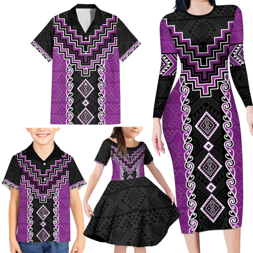 Purple Niho Taniwha Mix Poutama Family Matching Long Sleeve Bodycon Dress and Hawaiian Shirt Unique Taniko Aotearoa LT01 - Polynesian Pride