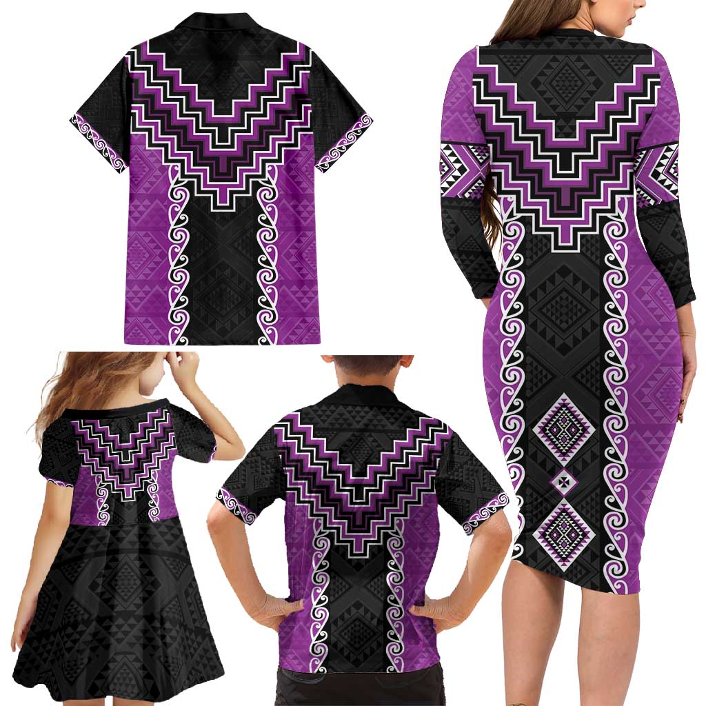 Purple Niho Taniwha Mix Poutama Family Matching Long Sleeve Bodycon Dress and Hawaiian Shirt Unique Taniko Aotearoa LT01 - Polynesian Pride