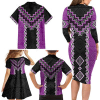 Purple Niho Taniwha Mix Poutama Family Matching Long Sleeve Bodycon Dress and Hawaiian Shirt Unique Taniko Aotearoa LT01 - Polynesian Pride