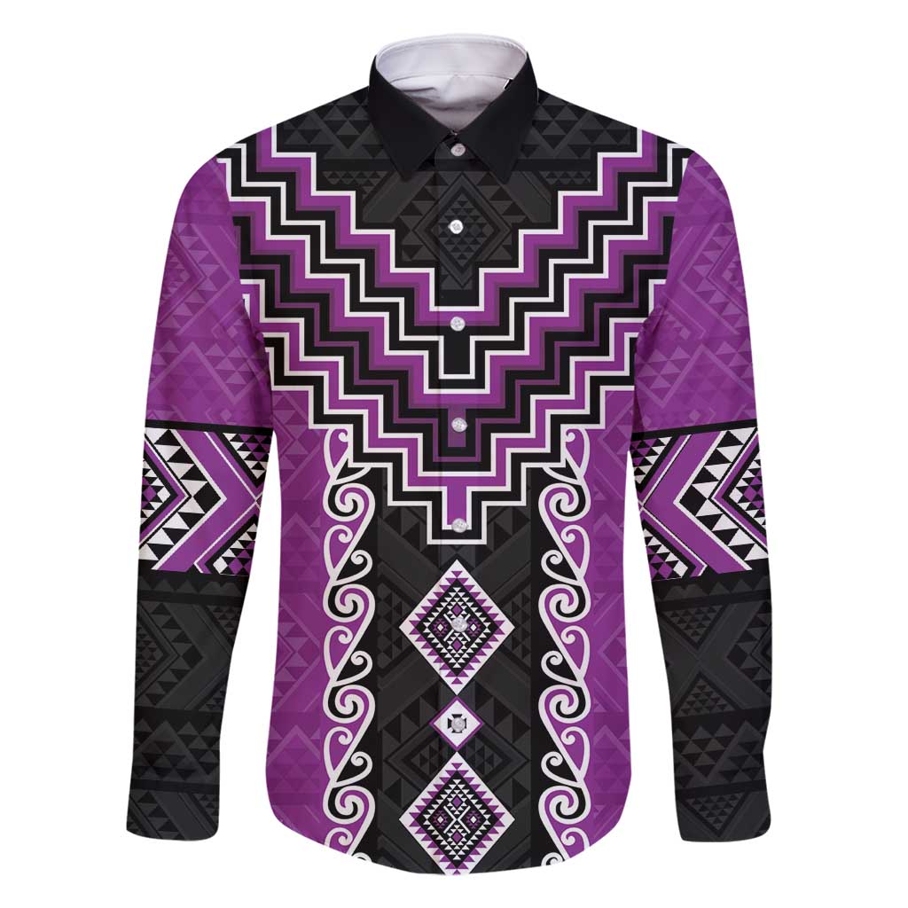 Purple Niho Taniwha Mix Poutama Family Matching Long Sleeve Bodycon Dress and Hawaiian Shirt Unique Taniko Aotearoa LT01 Dad's Shirt - Long Sleeve Purple - Polynesian Pride