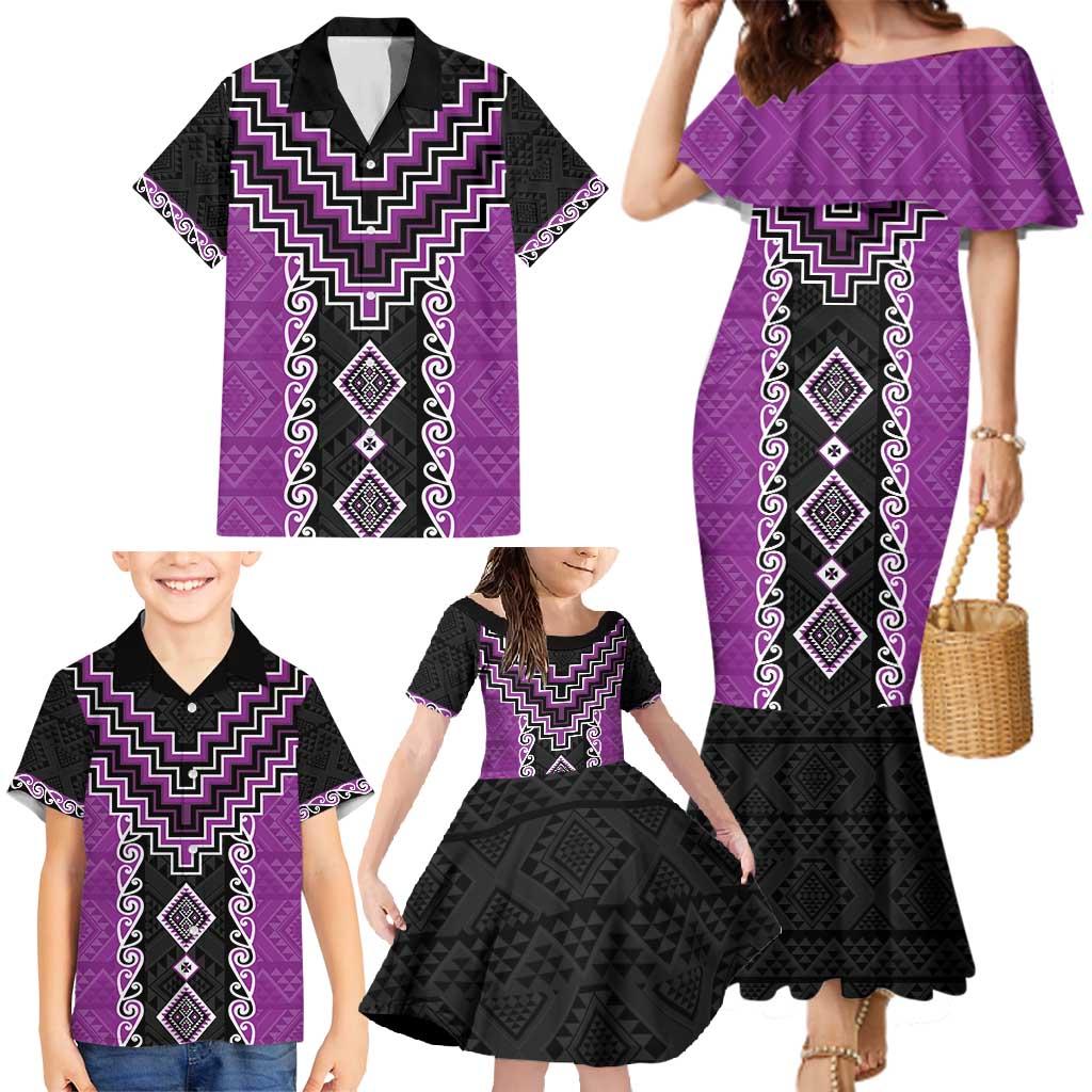 Purple Niho Taniwha Mix Poutama Family Matching Mermaid Dress and Hawaiian Shirt Unique Taniko Aotearoa LT01 - Polynesian Pride