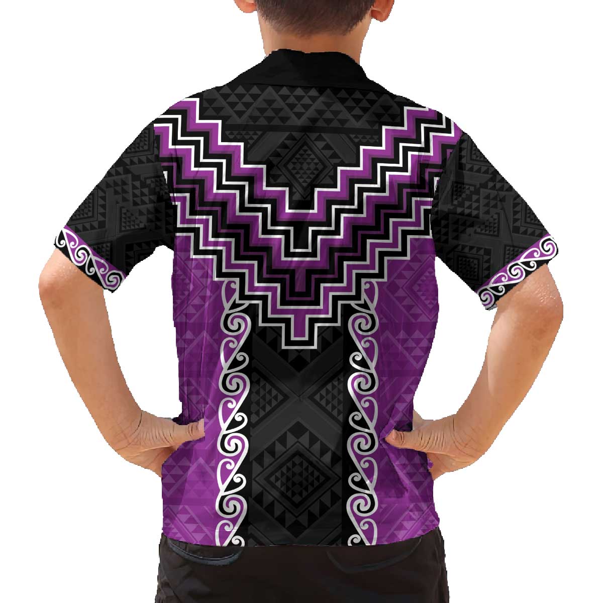 Purple Niho Taniwha Mix Poutama Family Matching Off The Shoulder Long Sleeve Dress and Hawaiian Shirt Unique Taniko Aotearoa LT01 - Polynesian Pride