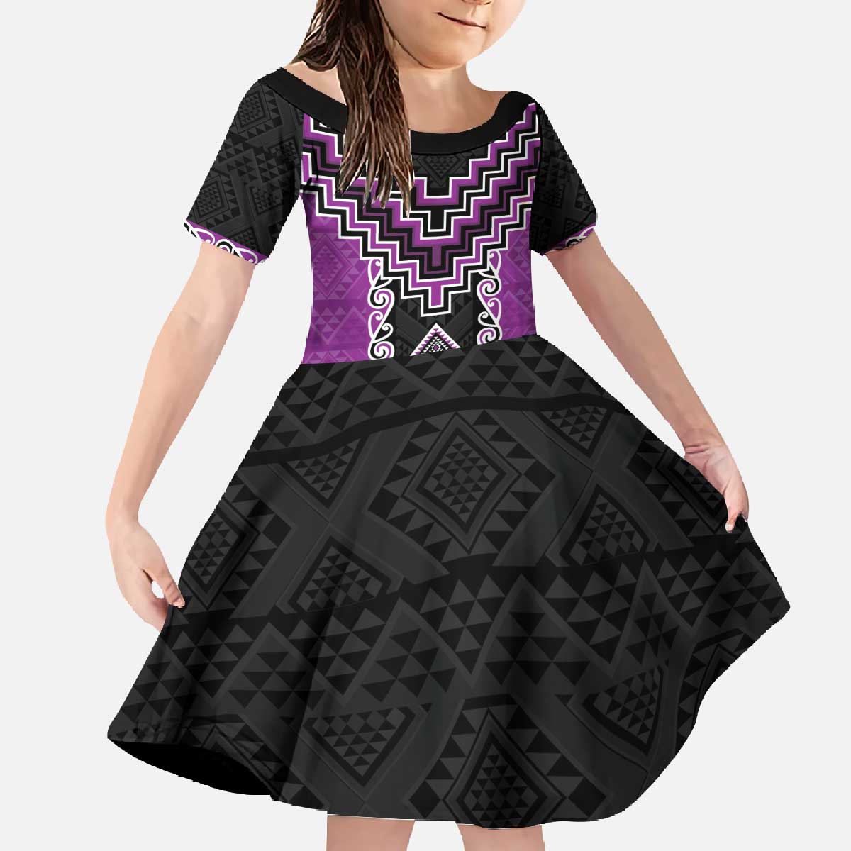 Purple Niho Taniwha Mix Poutama Family Matching Off The Shoulder Long Sleeve Dress and Hawaiian Shirt Unique Taniko Aotearoa LT01 Daughter's Dress Purple - Polynesian Pride