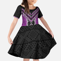 Purple Niho Taniwha Mix Poutama Family Matching Off The Shoulder Long Sleeve Dress and Hawaiian Shirt Unique Taniko Aotearoa LT01 Daughter's Dress Purple - Polynesian Pride