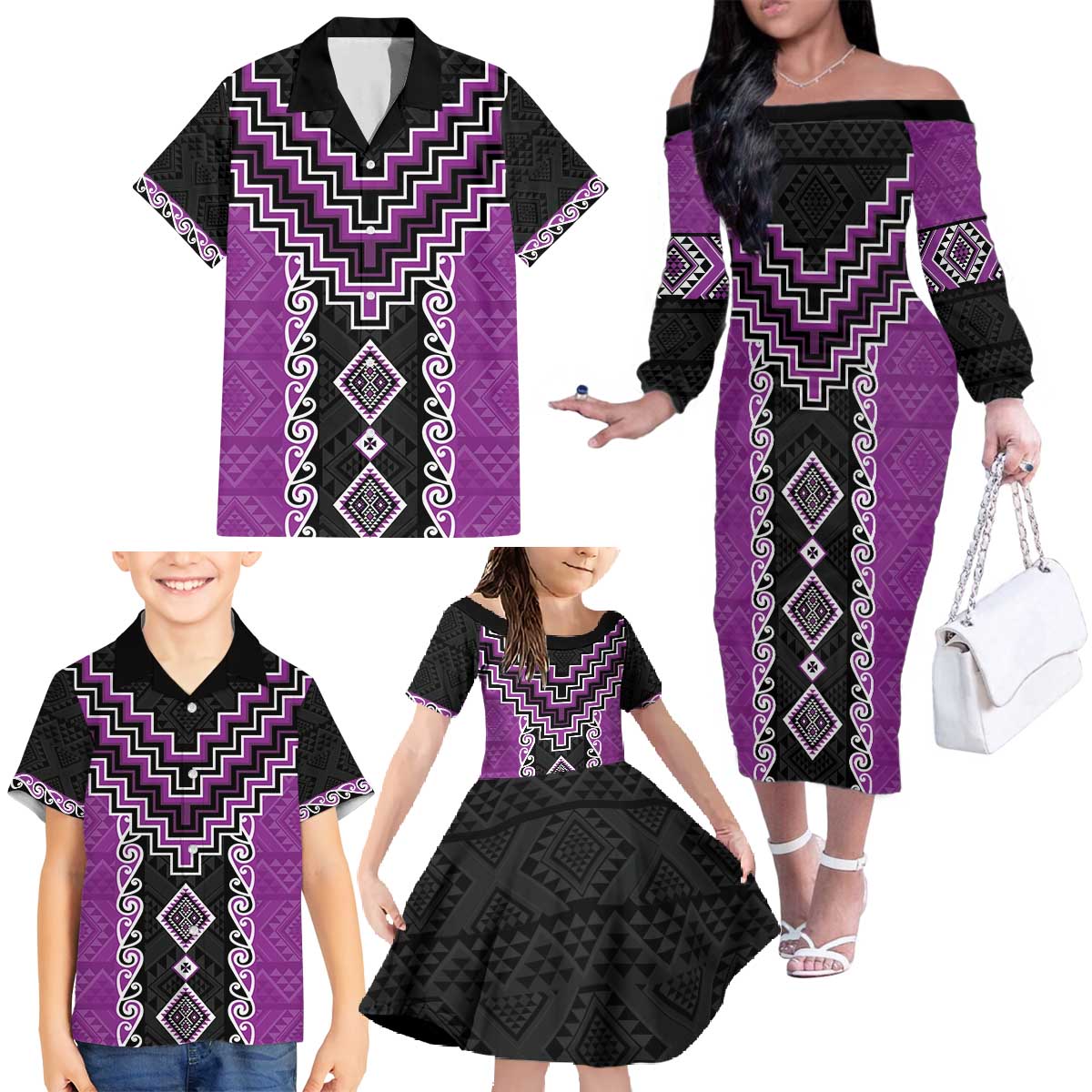 Purple Niho Taniwha Mix Poutama Family Matching Off The Shoulder Long Sleeve Dress and Hawaiian Shirt Unique Taniko Aotearoa LT01 - Polynesian Pride