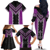 Purple Niho Taniwha Mix Poutama Family Matching Off The Shoulder Long Sleeve Dress and Hawaiian Shirt Unique Taniko Aotearoa LT01 - Polynesian Pride