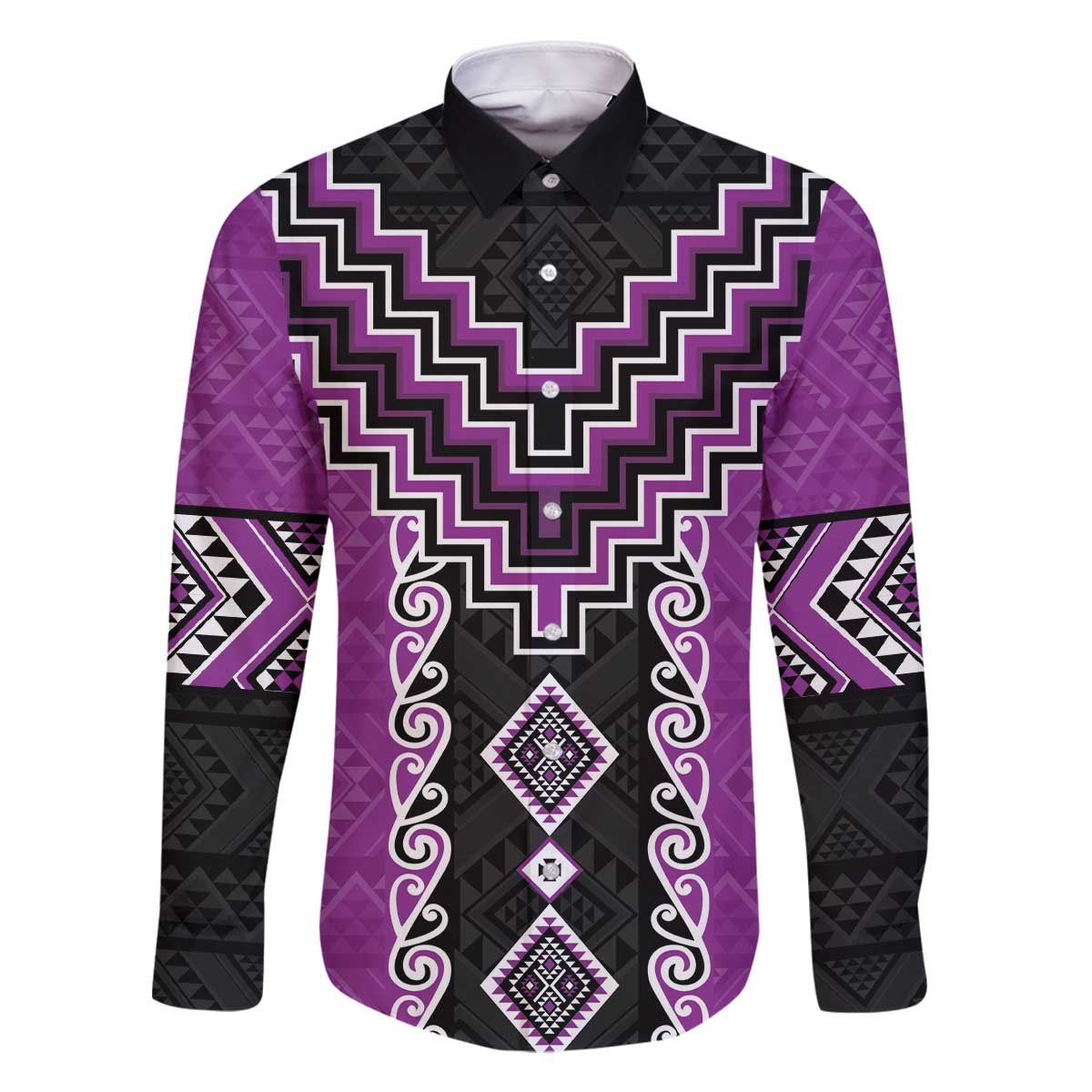 Purple Niho Taniwha Mix Poutama Family Matching Off The Shoulder Long Sleeve Dress and Hawaiian Shirt Unique Taniko Aotearoa LT01 Dad's Shirt - Long Sleeve Purple - Polynesian Pride
