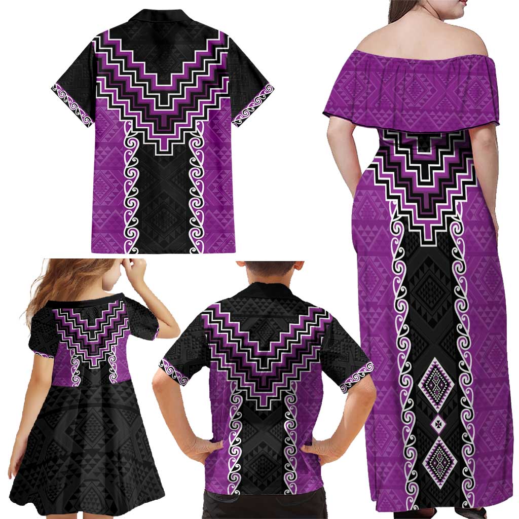 Purple Niho Taniwha Mix Poutama Family Matching Off Shoulder Maxi Dress and Hawaiian Shirt Unique Taniko Aotearoa LT01 - Polynesian Pride