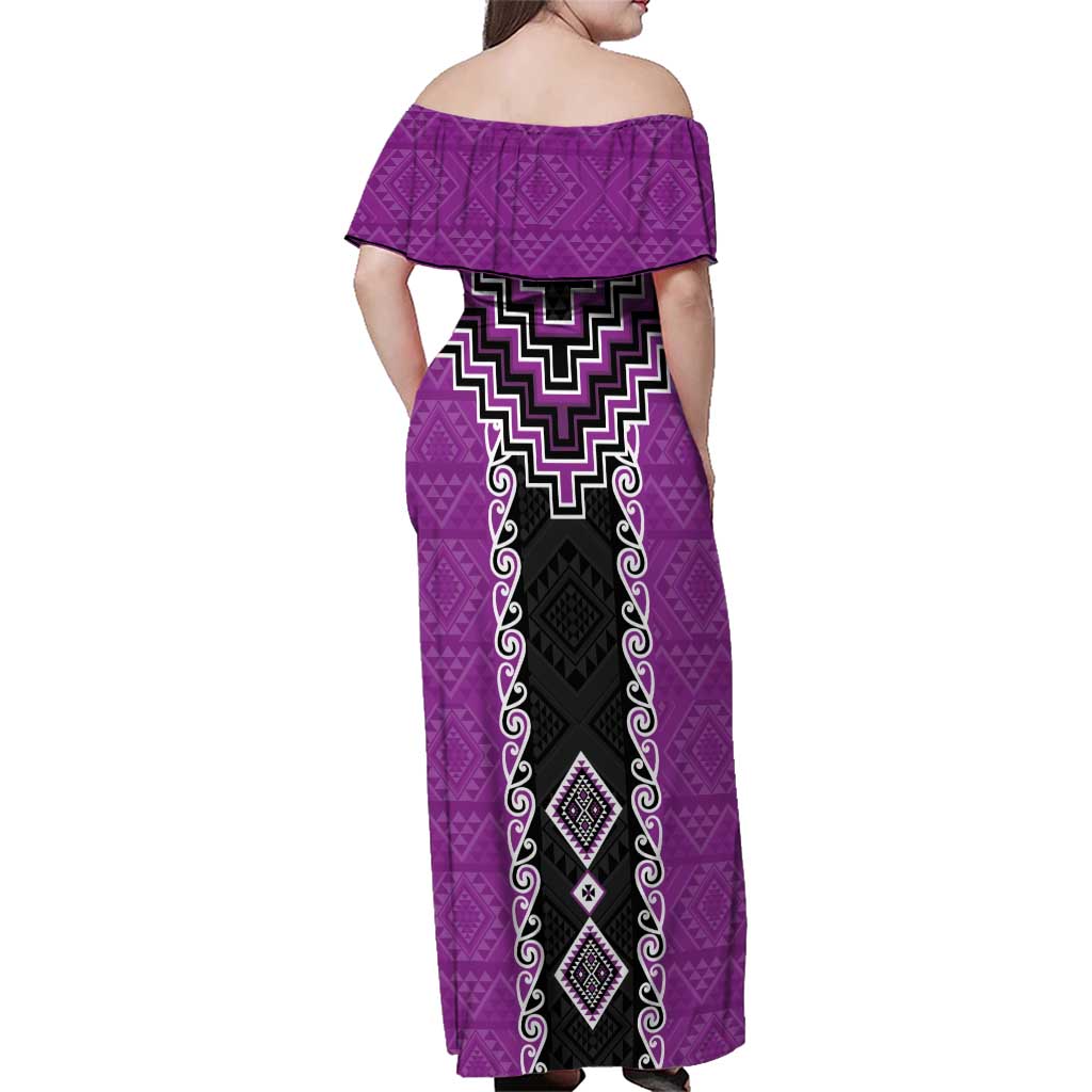 Purple Niho Taniwha Mix Poutama Family Matching Off Shoulder Maxi Dress and Hawaiian Shirt Unique Taniko Aotearoa LT01 - Polynesian Pride