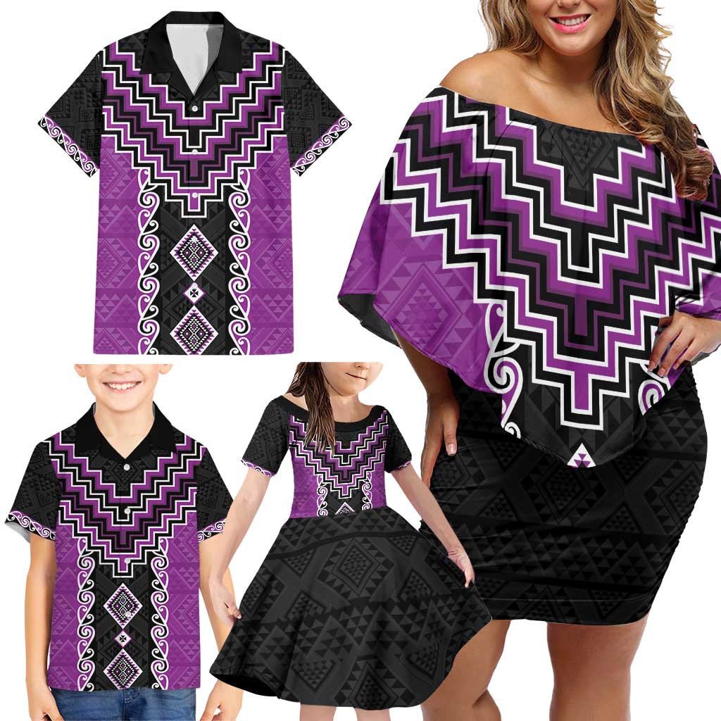 Purple Niho Taniwha Mix Poutama Family Matching Off Shoulder Short Dress and Hawaiian Shirt Unique Taniko Aotearoa LT01 - Polynesian Pride