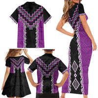 Purple Niho Taniwha Mix Poutama Family Matching Short Sleeve Bodycon Dress and Hawaiian Shirt Unique Taniko Aotearoa LT01 - Polynesian Pride
