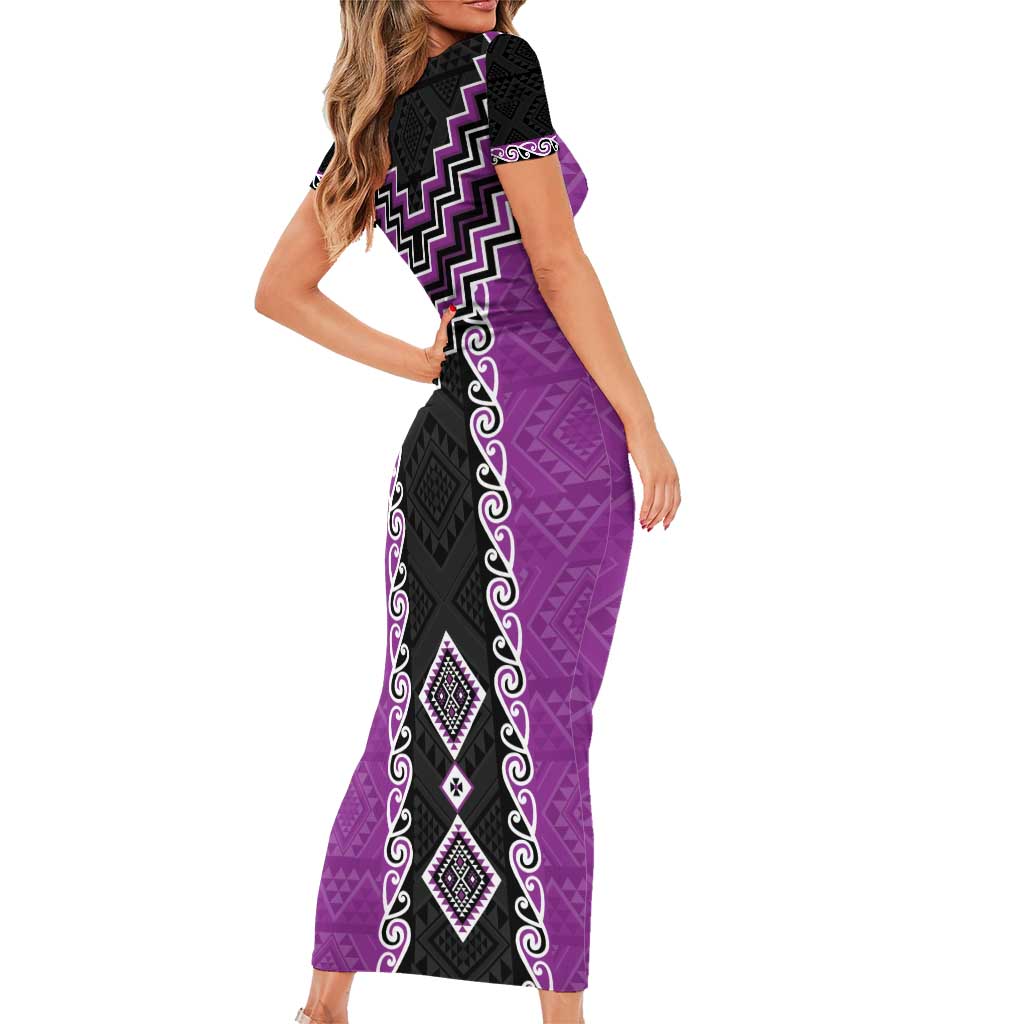 Purple Niho Taniwha Mix Poutama Family Matching Short Sleeve Bodycon Dress and Hawaiian Shirt Unique Taniko Aotearoa LT01 - Polynesian Pride