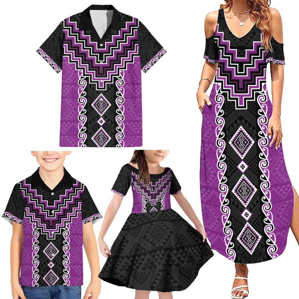 Purple Niho Taniwha Mix Poutama Family Matching Summer Maxi Dress and Hawaiian Shirt Unique Taniko Aotearoa LT01 - Polynesian Pride