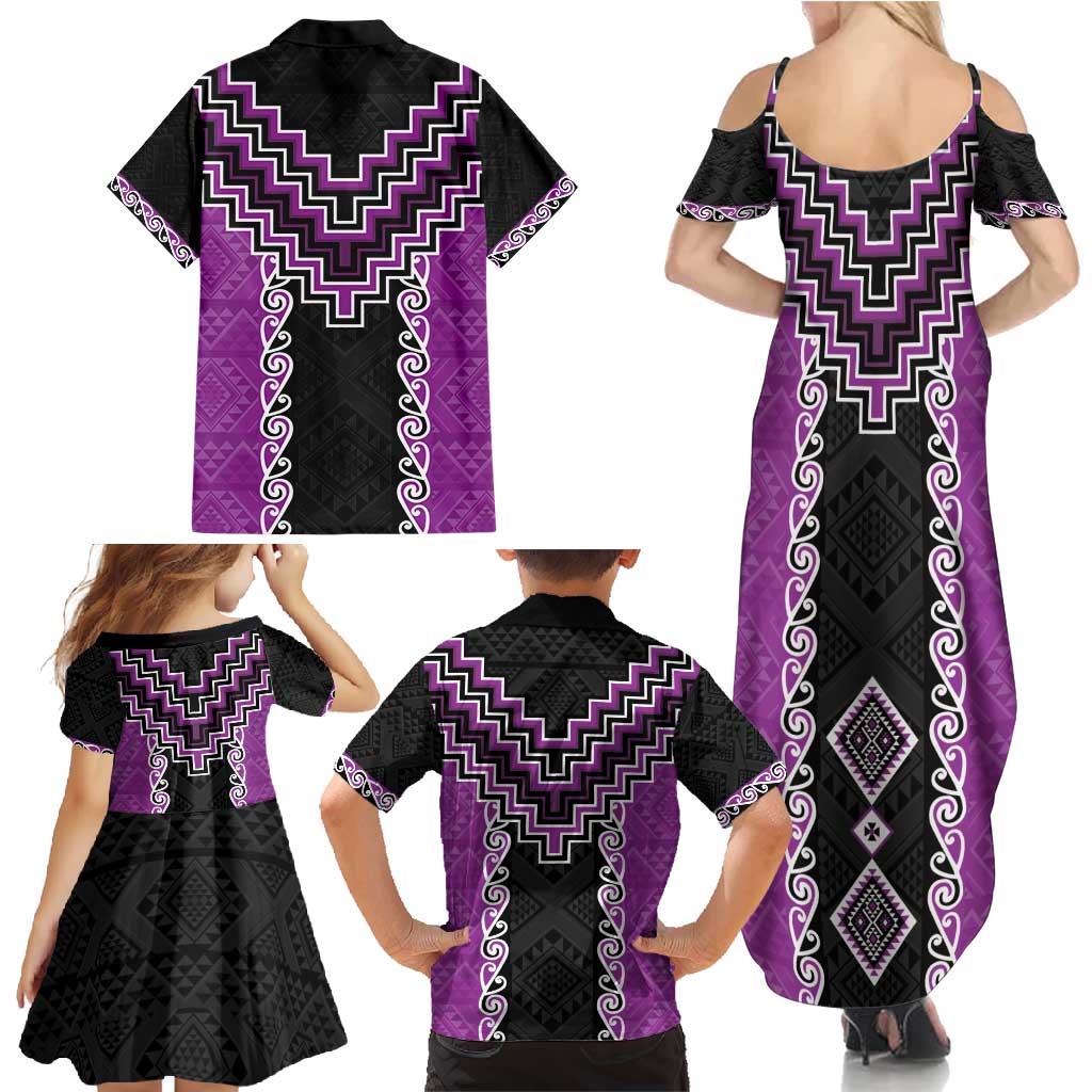 Purple Niho Taniwha Mix Poutama Family Matching Summer Maxi Dress and Hawaiian Shirt Unique Taniko Aotearoa LT01 - Polynesian Pride