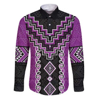 Purple Niho Taniwha Mix Poutama Family Matching Tank Maxi Dress and Hawaiian Shirt Unique Taniko Aotearoa LT01 Dad's Shirt - Long Sleeve Purple - Polynesian Pride