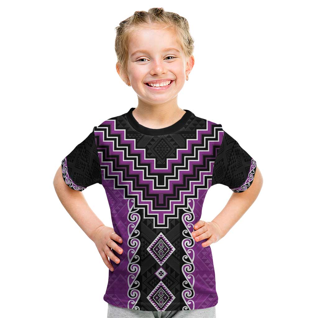 Purple Niho Taniwha Mix Poutama Kid T Shirt Unique Taniko Aotearoa LT01 Purple - Polynesian Pride