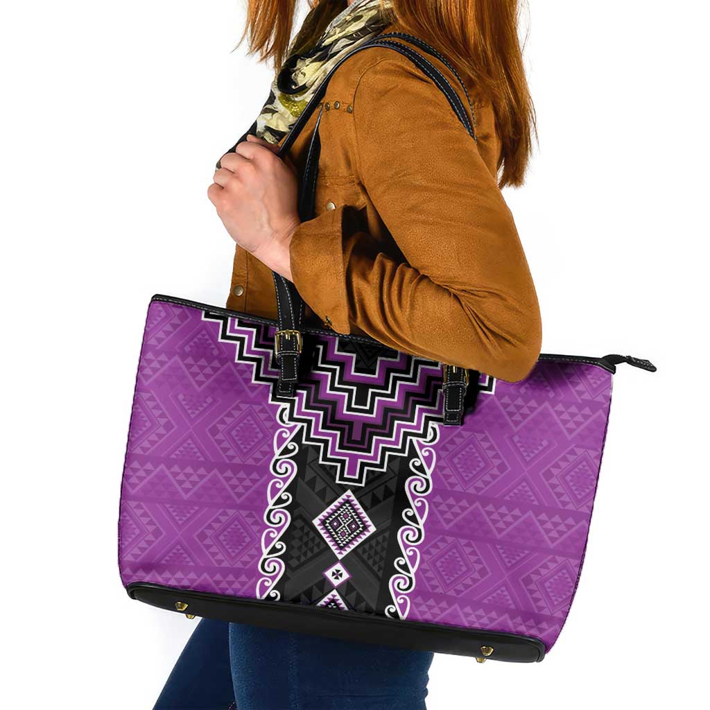 Purple Niho Taniwha Mix Poutama Leather Tote Bag Unique Taniko Aotearoa LT01 Purple - Polynesian Pride
