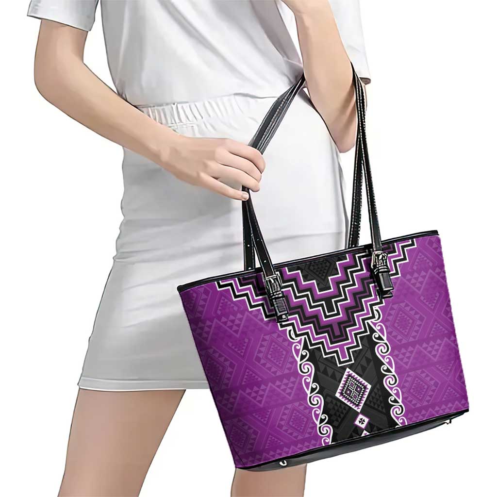 Purple Niho Taniwha Mix Poutama Leather Tote Bag Unique Taniko Aotearoa