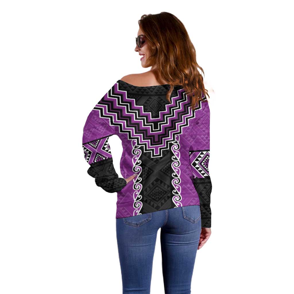 Purple Niho Taniwha Mix Poutama Off Shoulder Sweater Unique Taniko Aotearoa