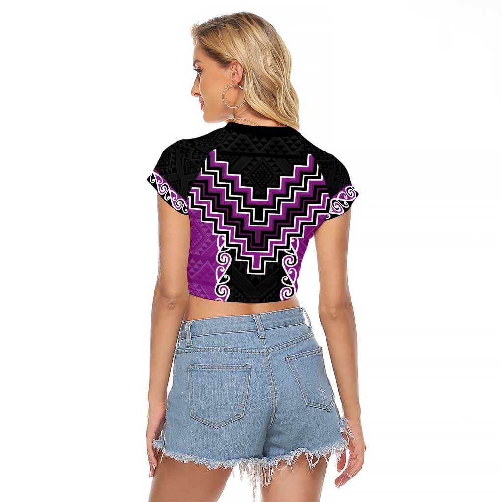 Purple Niho Taniwha Mix Poutama Raglan Cropped T Shirt Unique Taniko Aotearoa