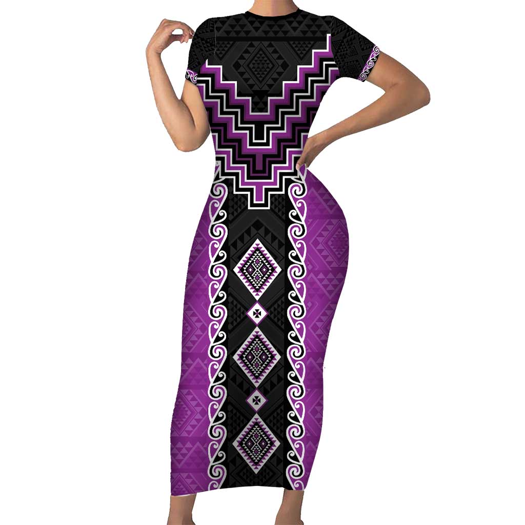 Purple Niho Taniwha Mix Poutama Short Sleeve Bodycon Dress Unique Taniko Aotearoa LT01 Long Dress Purple - Polynesian Pride