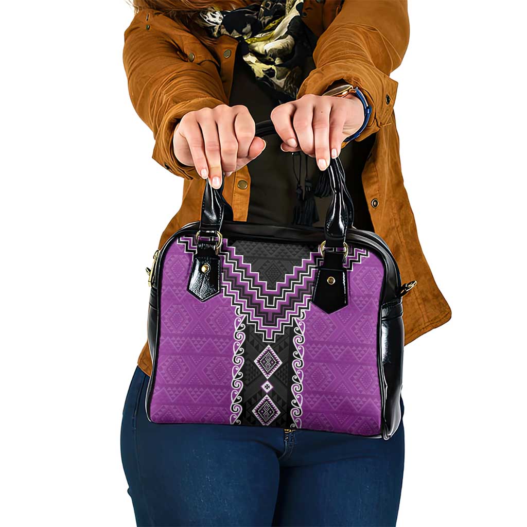 Purple Niho Taniwha Mix Poutama Shoulder Handbag Unique Taniko Aotearoa