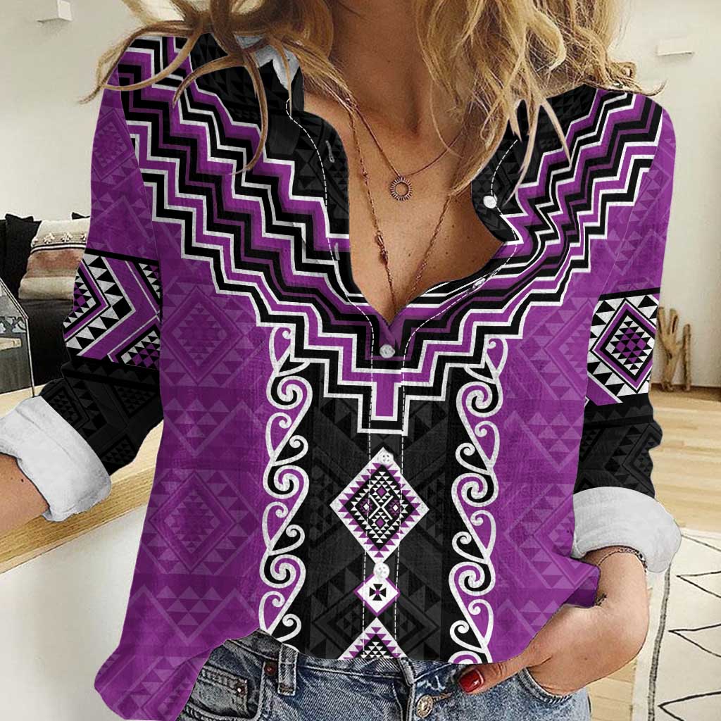 Purple Niho Taniwha Mix Poutama Women Casual Shirt Unique Taniko Aotearoa LT01 Female Purple - Polynesian Pride