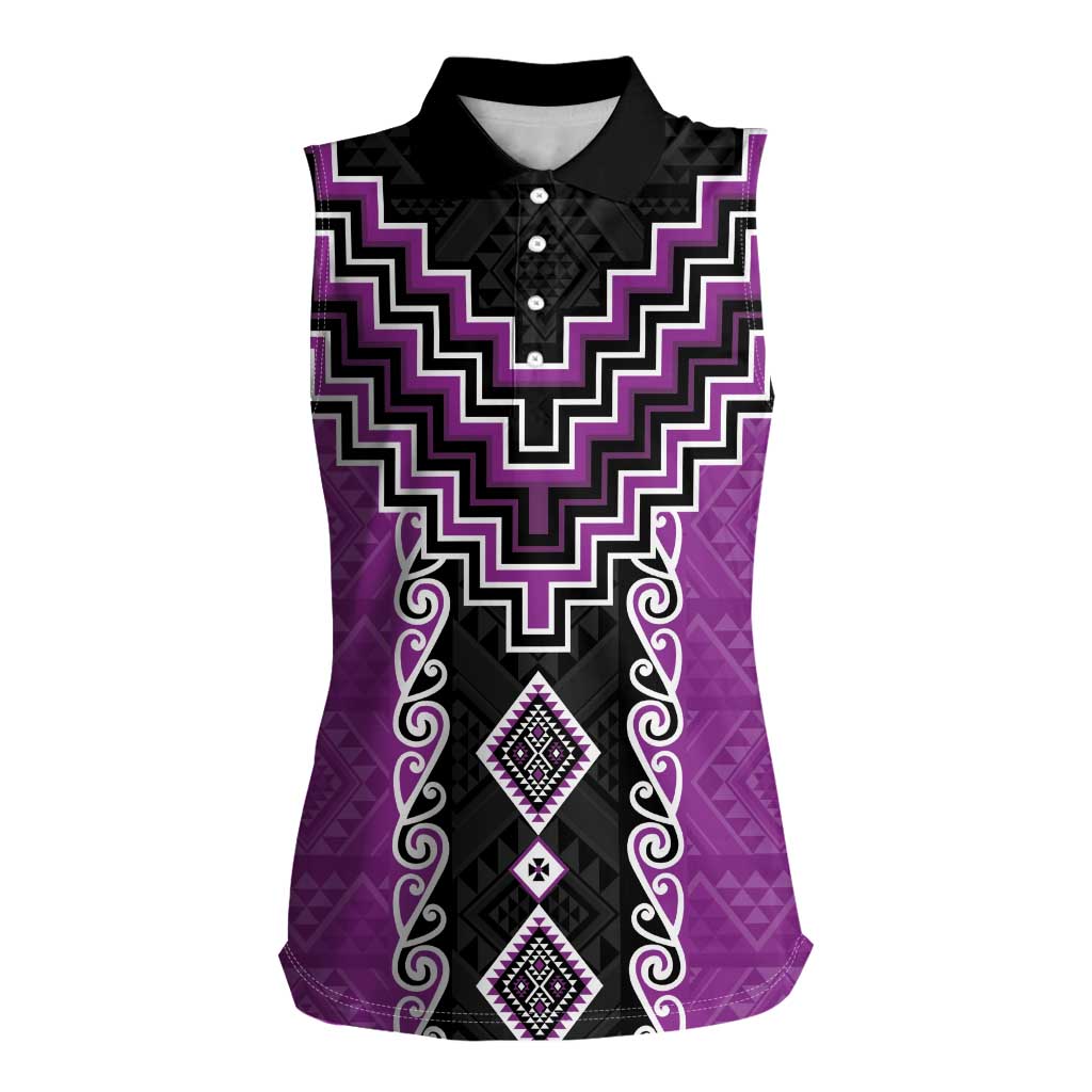 Purple Niho Taniwha Mix Poutama Women Sleeveless Polo Shirt Unique Taniko Aotearoa LT01 Female Purple - Polynesian Pride