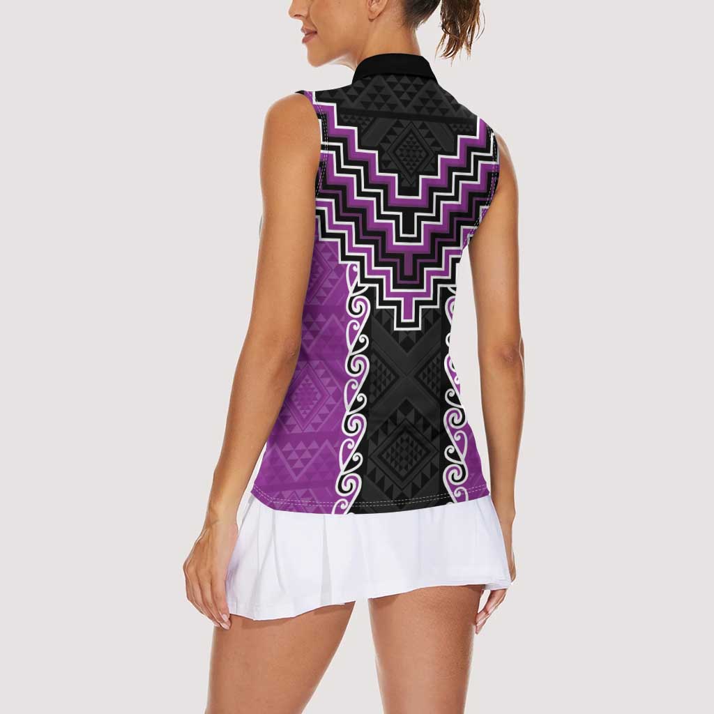 Purple Niho Taniwha Mix Poutama Women Sleeveless Polo Shirt Unique Taniko Aotearoa LT01 - Polynesian Pride