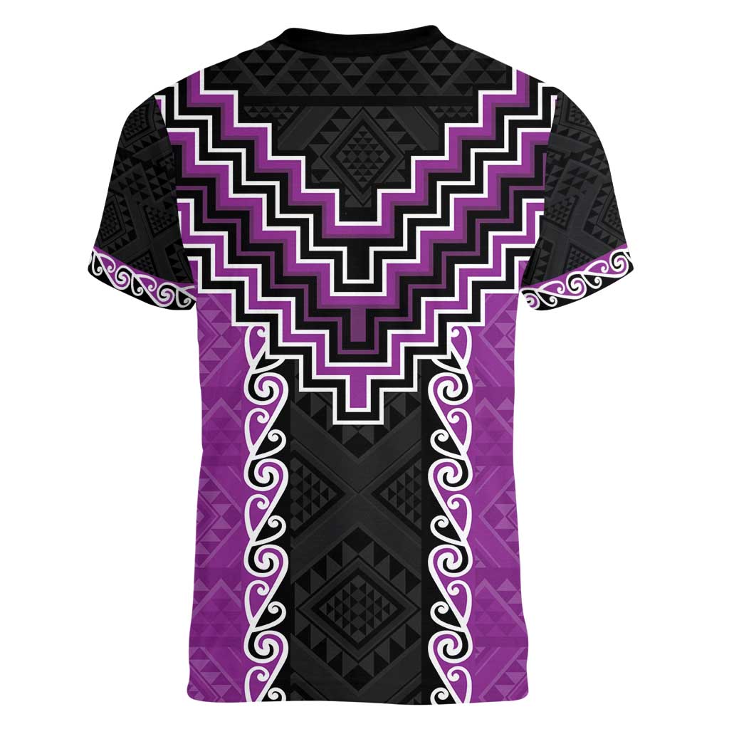 Purple Niho Taniwha Mix Poutama Women V-Neck T-Shirt Unique Taniko Aotearoa LT01 - Polynesian Pride