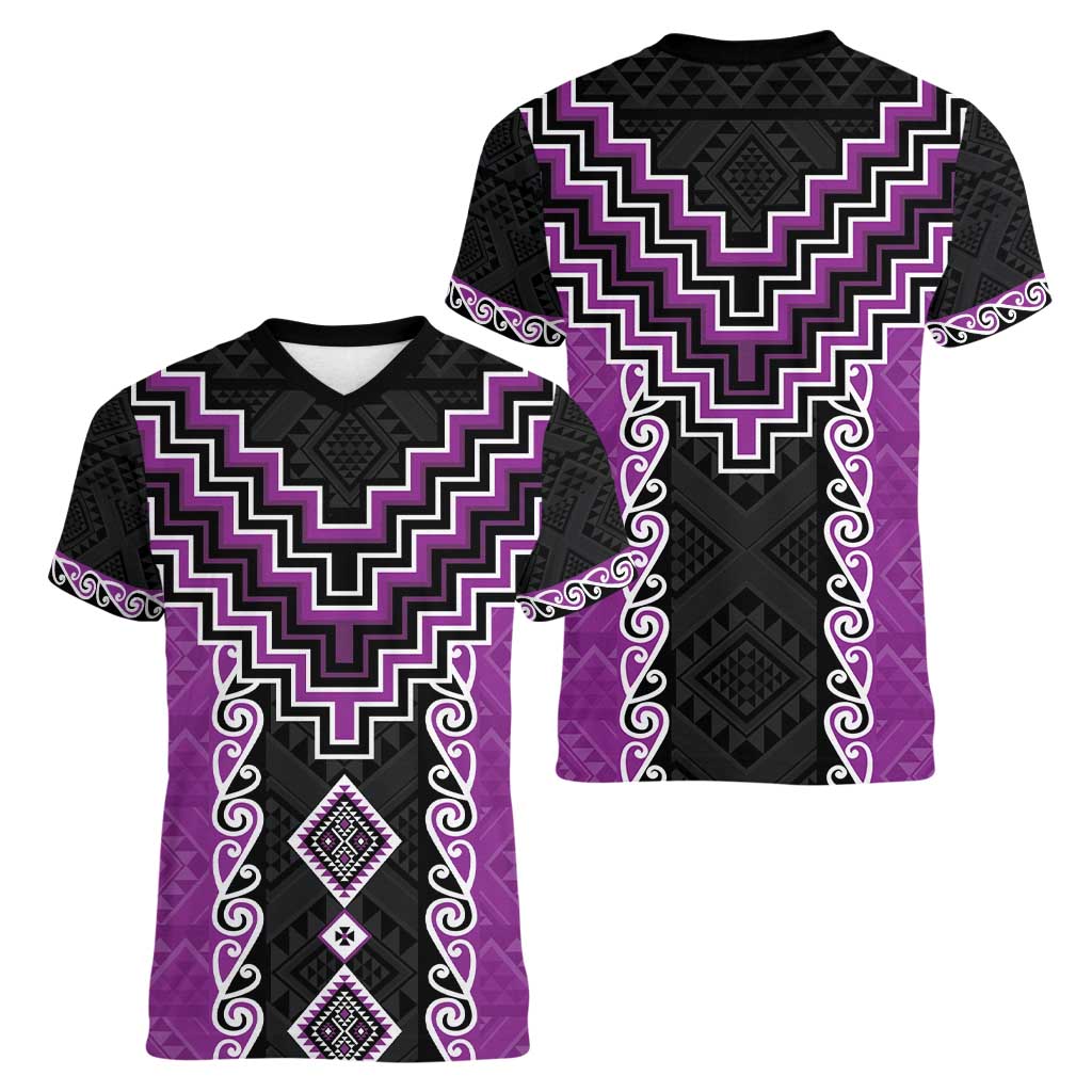Purple Niho Taniwha Mix Poutama Women V-Neck T-Shirt Unique Taniko Aotearoa LT01 - Polynesian Pride