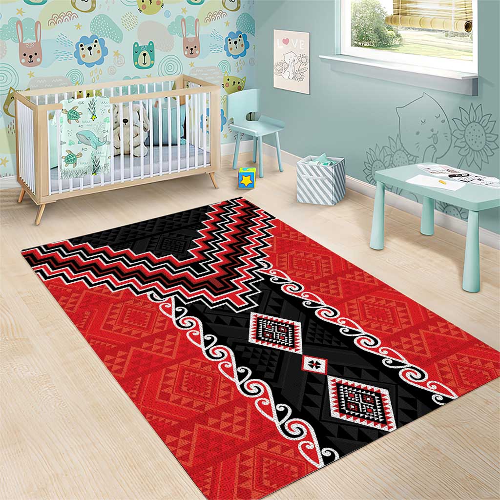 Red Niho Taniwha Mix Poutama Area Rug Unique Taniko Aotearoa