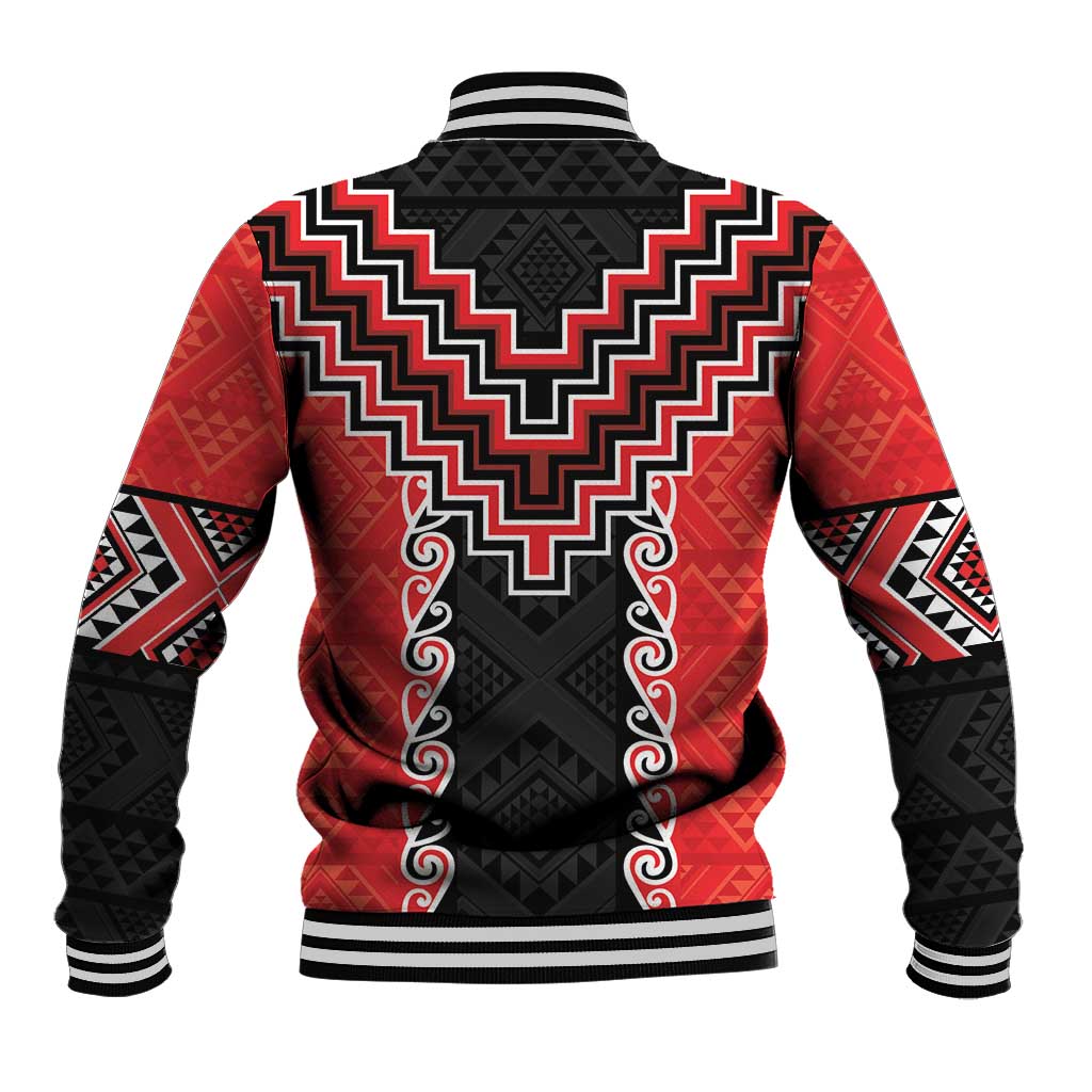Red Niho Taniwha Mix Poutama Baseball Jacket Unique Taniko Aotearoa