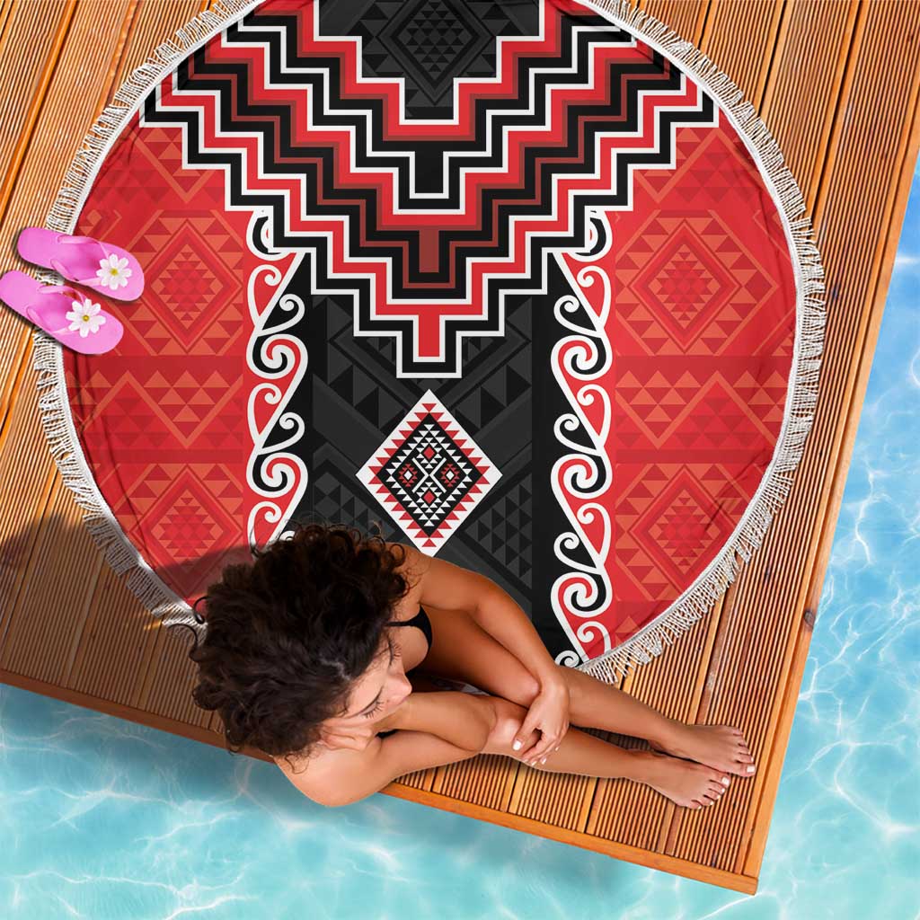 Red Niho Taniwha Mix Poutama Beach Blanket Unique Taniko Aotearoa