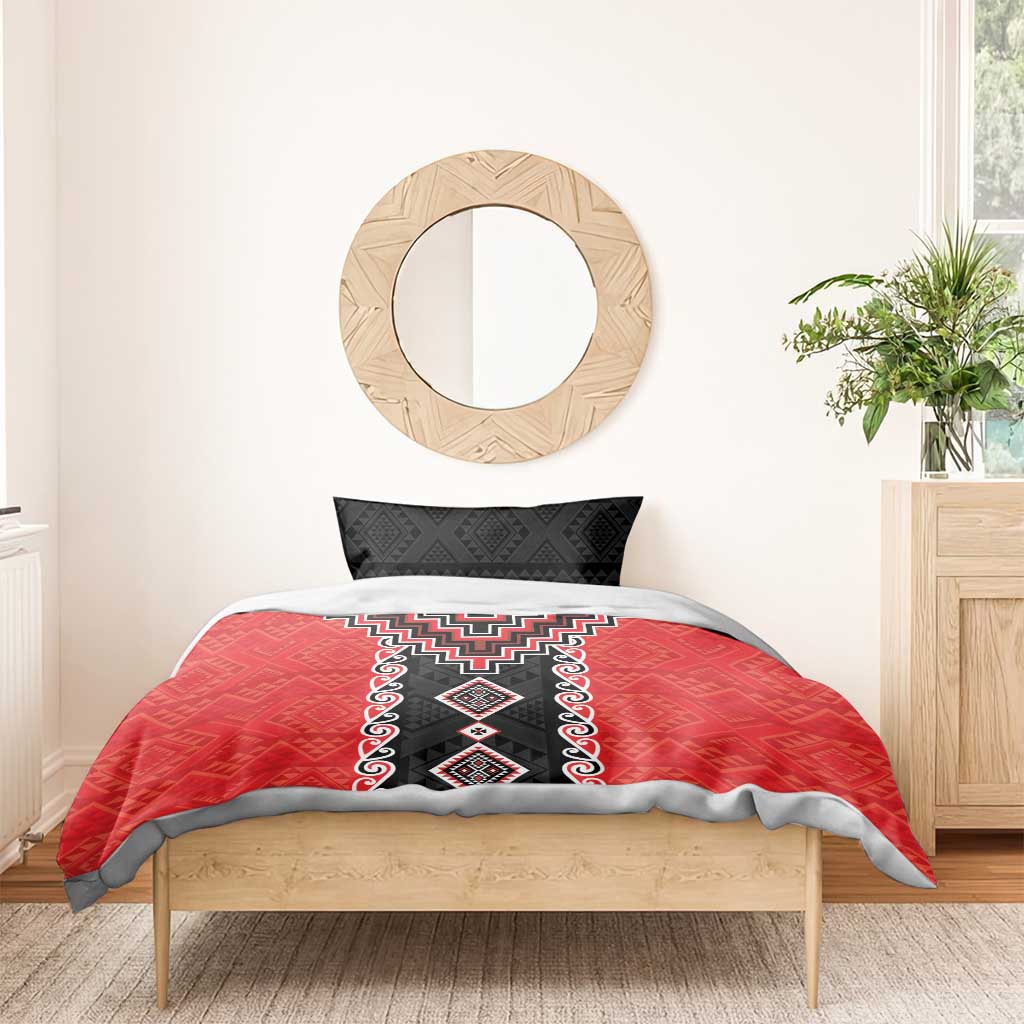 Red Niho Taniwha Mix Poutama Bedding Set Unique Taniko Aotearoa