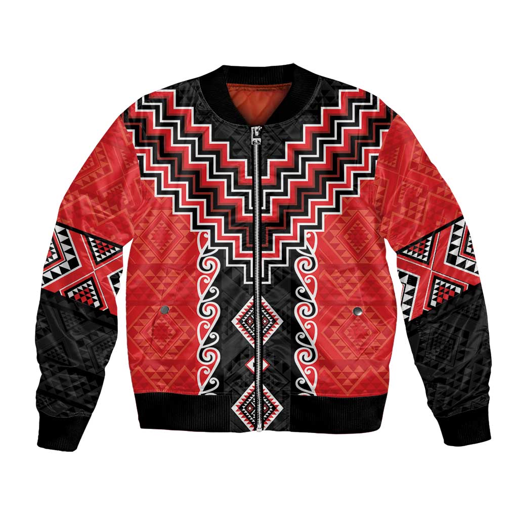 Red Niho Taniwha Mix Poutama Bomber Jacket Unique Taniko Aotearoa LT01 Unisex Red - Polynesian Pride
