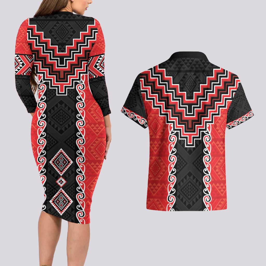 Red Niho Taniwha Mix Poutama Couples Matching Long Sleeve Bodycon Dress and Hawaiian Shirt Unique Taniko Aotearoa LT01 - Polynesian Pride