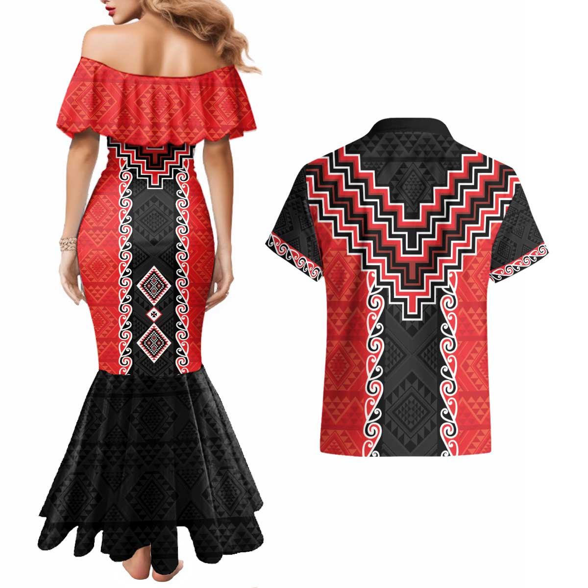 Red Niho Taniwha Mix Poutama Couples Matching Mermaid Dress and Hawaiian Shirt Unique Taniko Aotearoa LT01 - Polynesian Pride